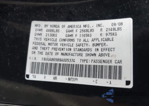 2009 Acura Tl 3.5 из США, поврежденный, VIN 19UUA86589A005374